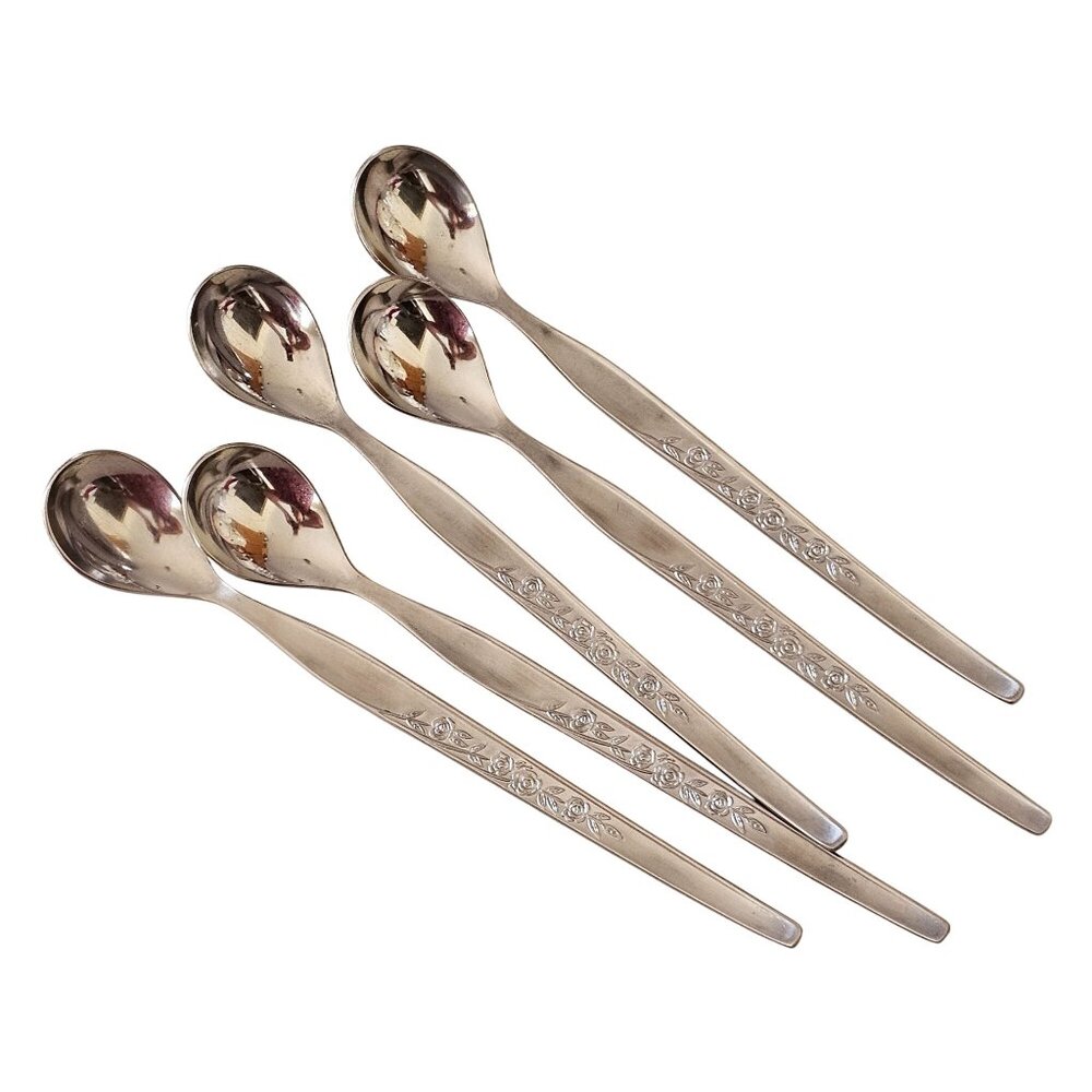5 Elden Vintage Flower Ice Tea Spoons stainless 7.5" Rose Midcentury Colonial St